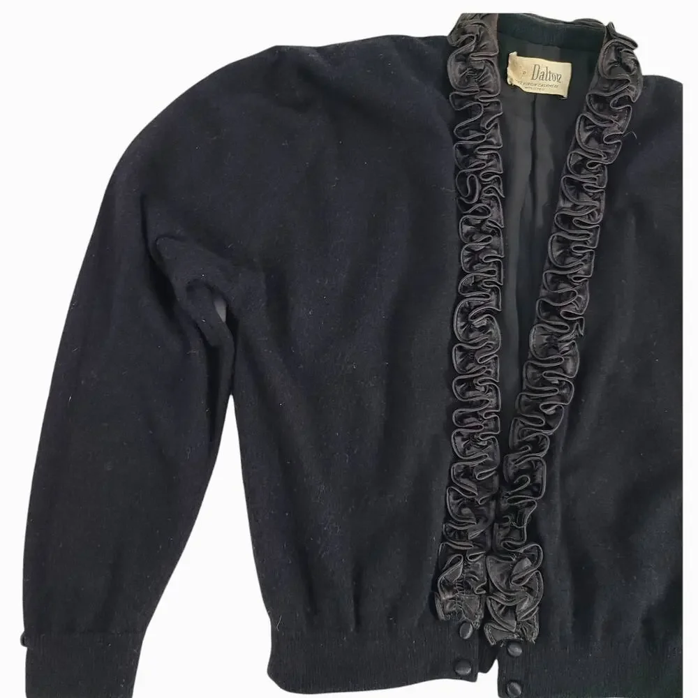 Dalton Cashmere Cardigan Vintage 50s Pinup Scroll Ruffle Trim Cinch Waist Black - Picture 13 of 16